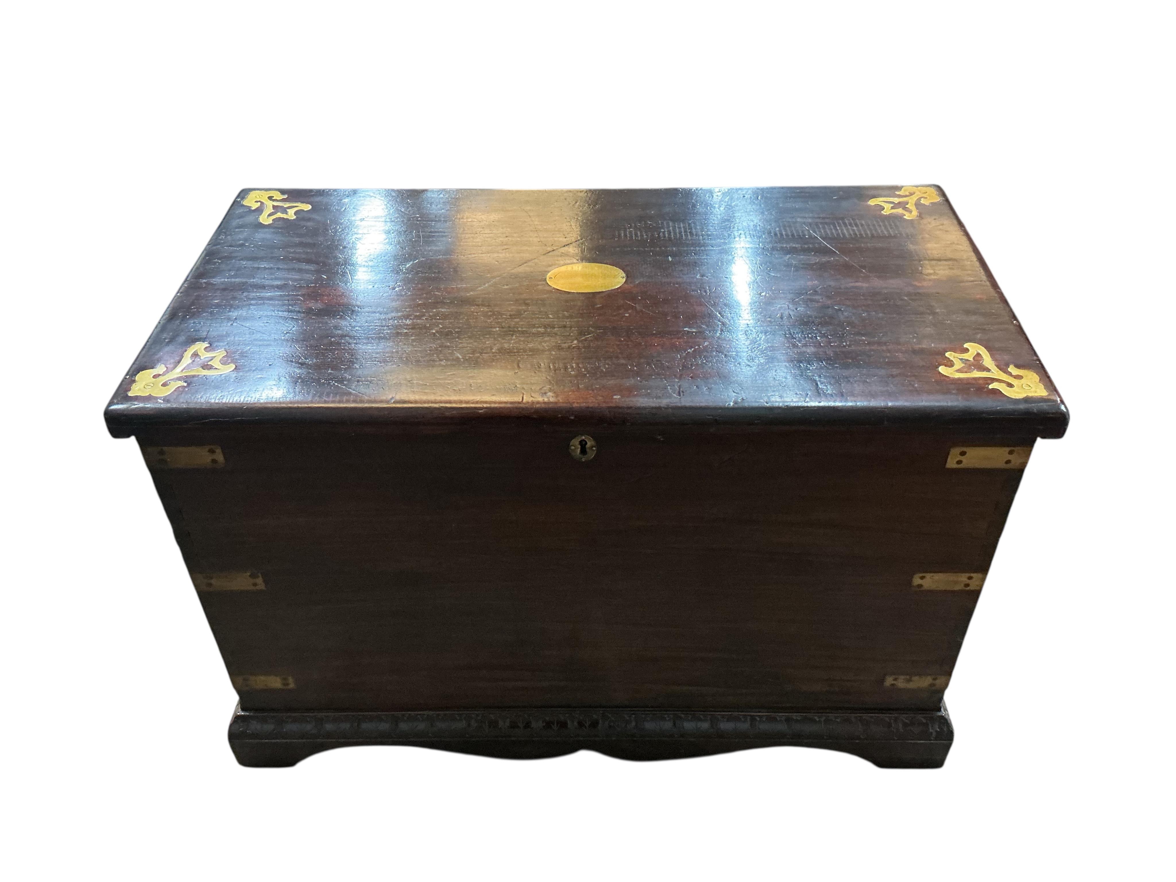 A brass mounted trunk with plaque inscribed 'Captain Bill', width 108cm, depth 54cm, height 68cm